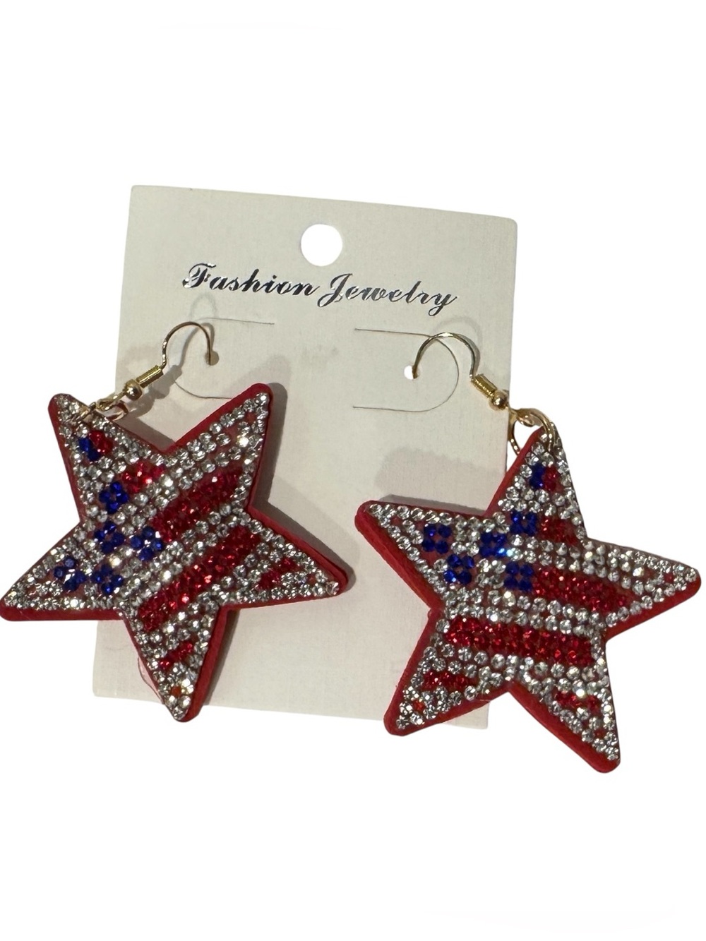 Patriotic American Flag Rhinestone Star Dangle Earrings